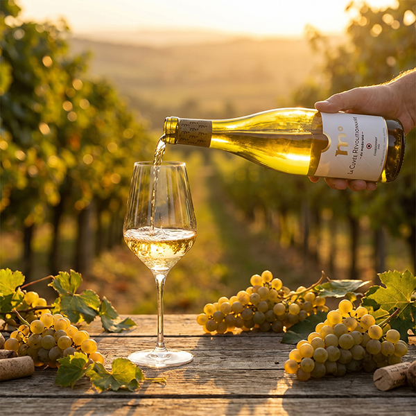 un homme verse du vin blanc sans alcool dans un verre à pied au milieu des vignes