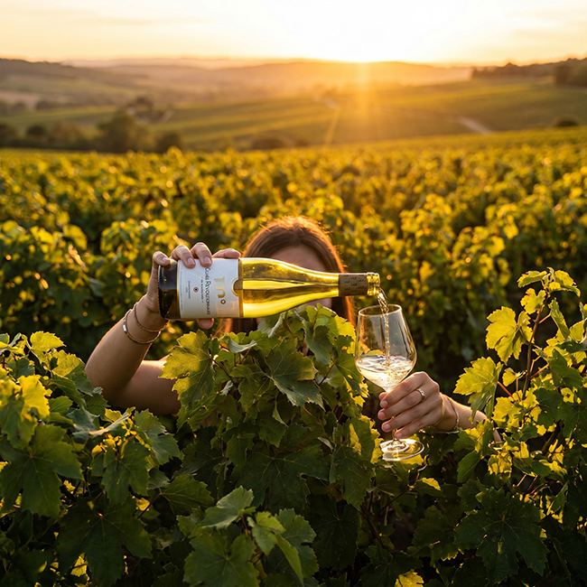 une femme verse du vin blanc dans un verre au milieu des vignes